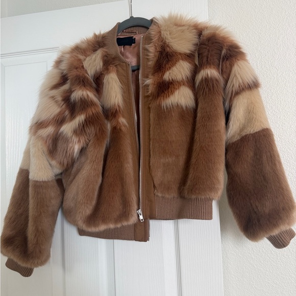 NBD Jackets & Blazers - NBD Brown & Cream Faux Fur Bomber Jacket